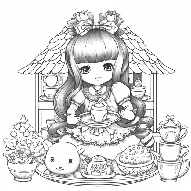 Un disegno in bianco e nero di una ragazza con una tazza di tè e un gatto generativo ai