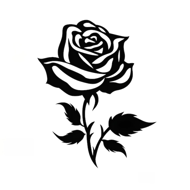 Un disegno in bianco e nero di una rosa con sopra le foglie.