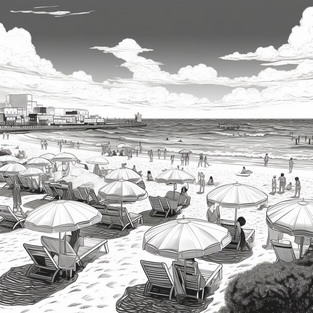 un disegno in bianco e nero di una scena sulla spiaggia con ombrelloni e persone sulla spiaggia.