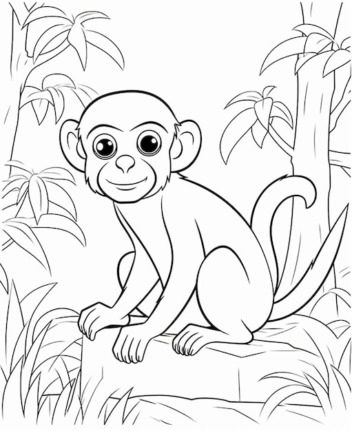 Un disegno in bianco e nero di una scimmia seduta su una roccia che genera un'intelligenza artificiale