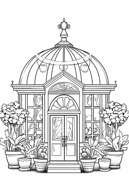 un disegno in bianco e nero di una serra con piante in vaso ai generative