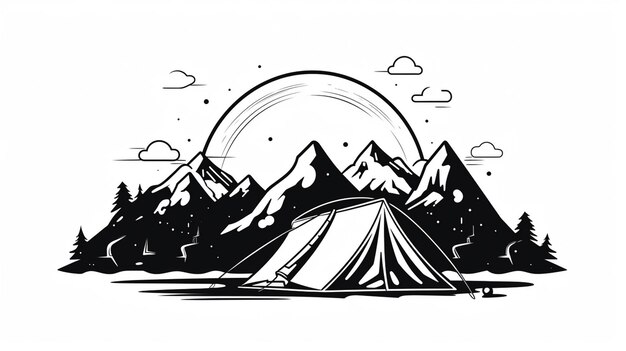 un disegno in bianco e nero di una tenda nelle montagne generativo ai