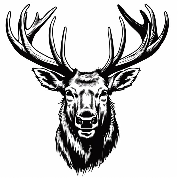 un disegno in bianco e nero di una testa di cervo con corna ai generative