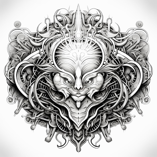 un disegno in bianco e nero di una testa di demone con una grande testa generativa ai