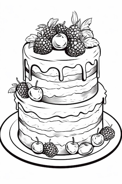 un disegno in bianco e nero di una torta con frutti di bosco in cima ai generativa
