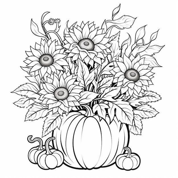 un disegno in bianco e nero di una zucca e girasoli ai generativa