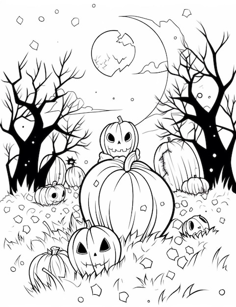 Un disegno in bianco e nero di una zucca in un campo generativo ai