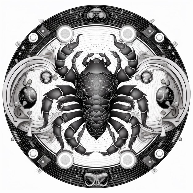 Un disegno in bianco e nero di uno scorpione con un disegno circolare generativo ai