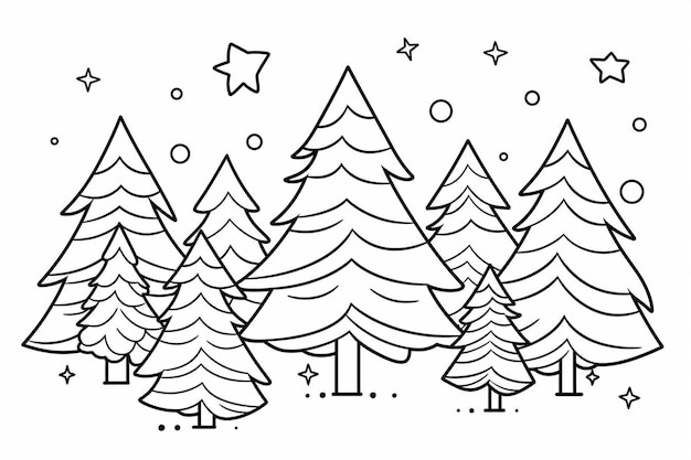 un disegno in linea di alberi di Natale con stelle