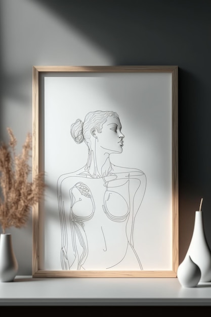 Un disegno incorniciato di una donna con un corpo sul fondo della cornice.