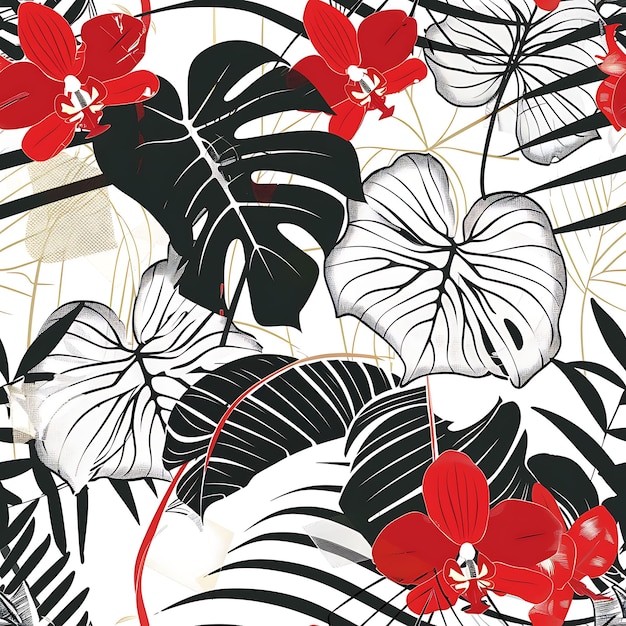 un disegno nero e bianco con fiori rossi e foglie nere e bianche