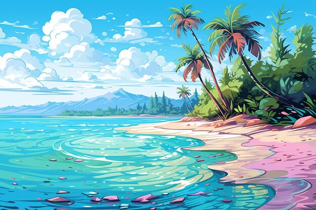 Un disegno raffigurante i rilassanti colori pastello di una spiaggia tropicale Generative Ai