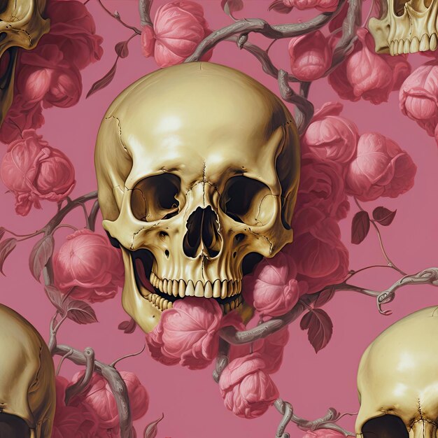 un disegno rosa con un cranio giallo nello stile del surrealismo realistico