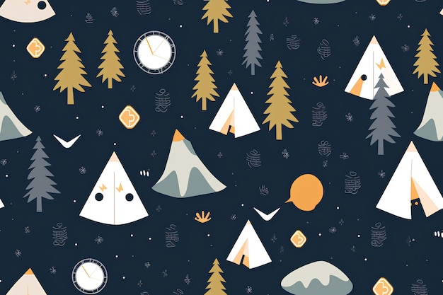 Un disegno senza cuciture che contiene teepees e alberi