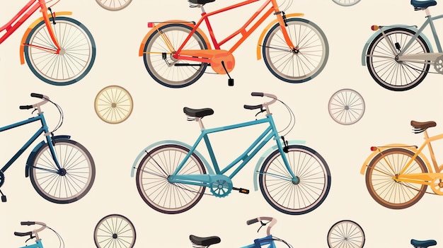 Un disegno senza cuciture di biciclette di vari colori e stili Le biciclette sono disposte in un disegno ripetitivo e sono disposte contro uno sfondo solido