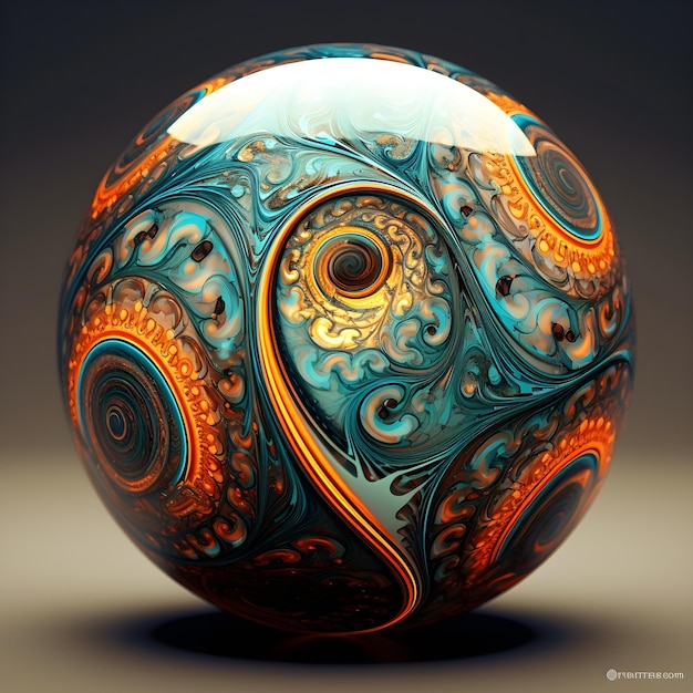 Un disegno swirly blu e arancione su una sfera di vetro