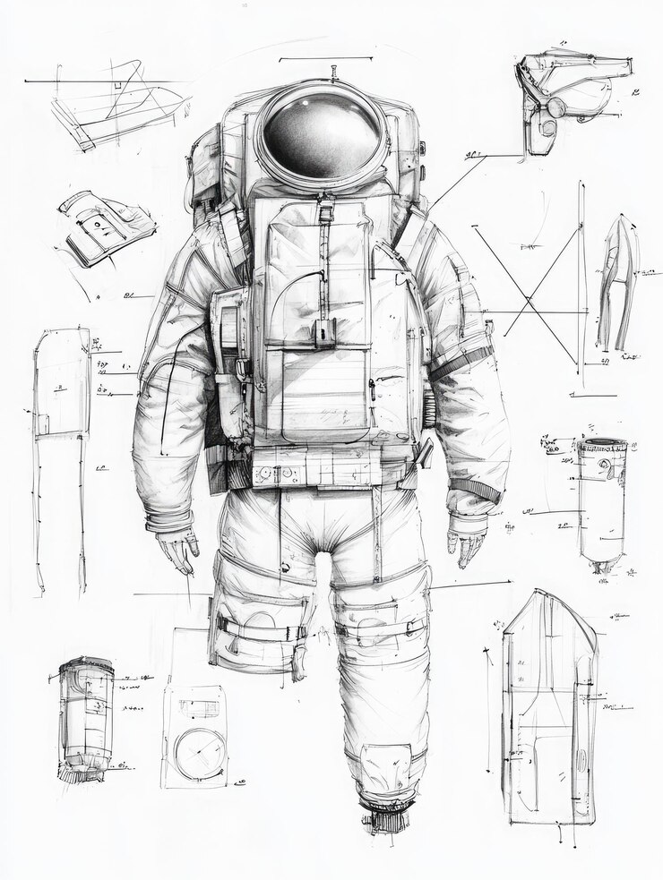 Un disegno tecnico dettagliato di una tuta spaziale di un astronauta circondata da varie attrezzature e componenti