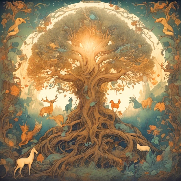 Un disegno Un'illustrazione di un albero incantato circondato da creature mistiche per un'ambientazione fantasy