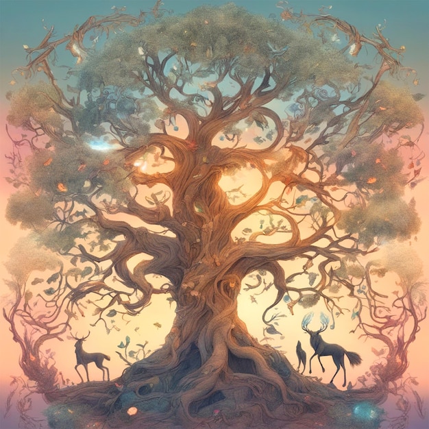 Un disegno Un'illustrazione di un albero incantato circondato da creature mistiche per un'ambientazione fantasy