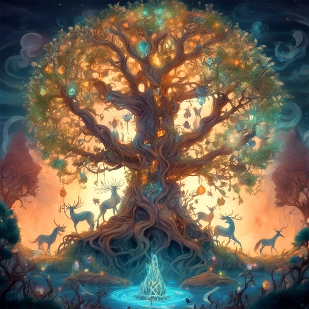 Un disegno Un'illustrazione di un albero incantato circondato da creature mistiche per un'ambientazione fantasy