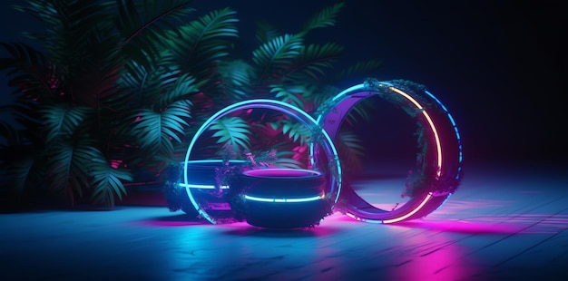 Un display a luci al neon con un paio di cuffie VR.