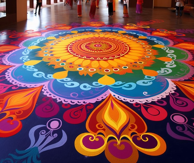 Un display brillantemente colorato di disegni rangoli