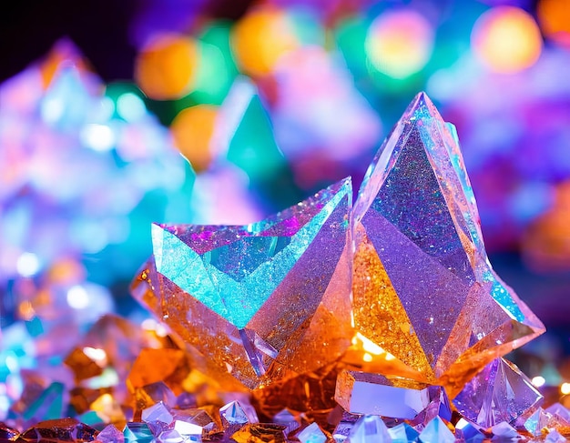 Un display colorato di cristalli con sopra la parola diamante