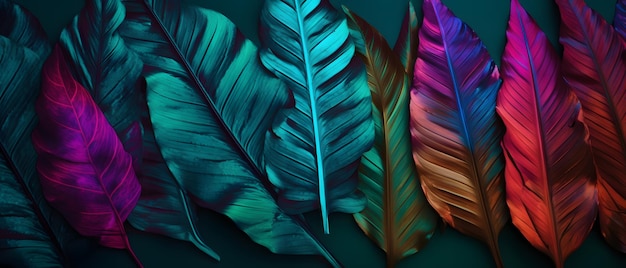 Un display colorato di foglie tropicali.