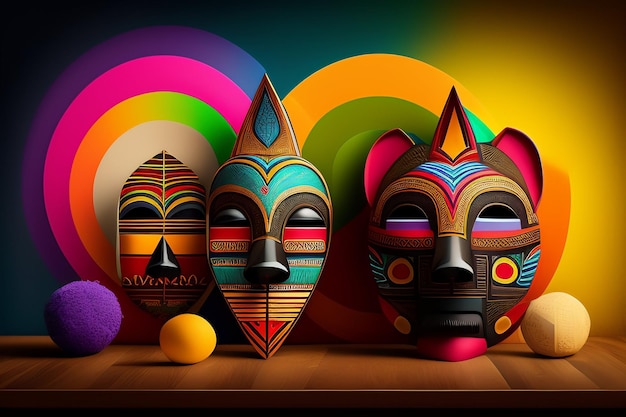Un display colorato di maschere con uno sfondo arcobaleno.