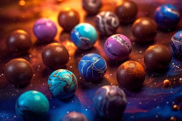 Un display colorato di palline di cioccolato con la parola cioccolato sul fondo.