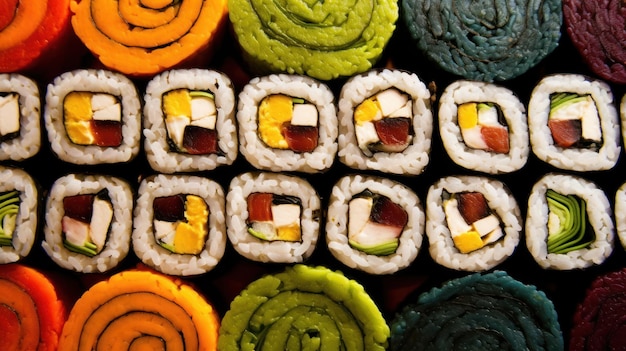 Un display colorato di sushi e panini con colori diversi.