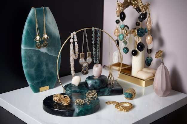 Un display di gioielli autonomo con un mix di pezzi delicati e audaci creati con l'IA generativa