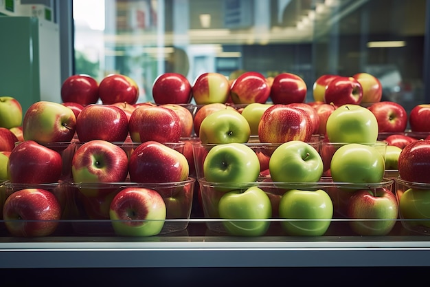 Un display di mele in contenitori di plastica