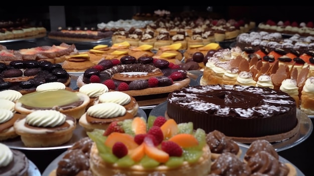 Un display di torte e pasticcini è mostrato in un negozio.