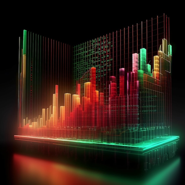 Un display illuminato di una città con un grafico colorato al centro.