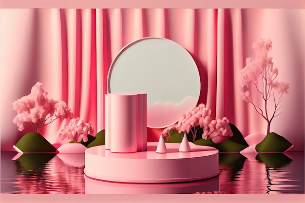 Un display rosa con un grande oggetto rotondo al centro.