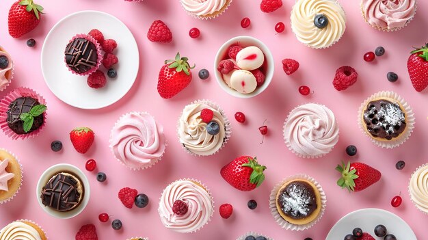 un display rosa di cupcake con fragole e mirtilli