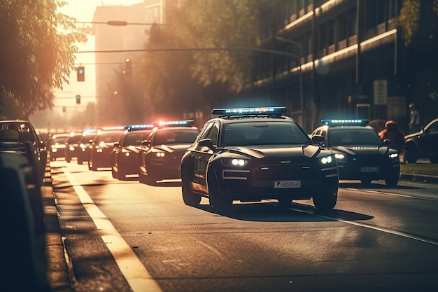 Un distaccamento di auto della polizia percorre le strade della città Generative AI