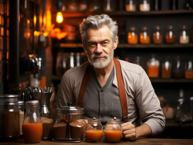 Un distinto barista maschio anziano con i capelli grigi che indossa un grembiule si trova con fiducia in un ambiente di caffè con barattoli di chicchi di caffè AI generativa