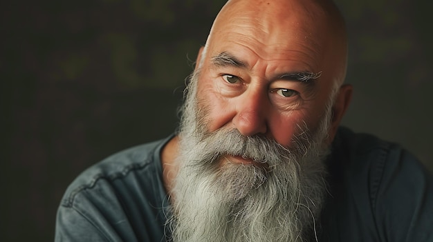 Un distinto uomo anziano che trasuda saggezza e fiducia con la sua testa completamente calva abbinata a una sorprendente barba grigia