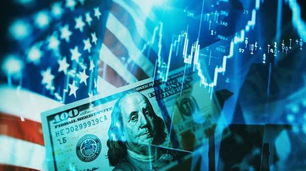 Un dito maestoso indica una banconota di un dollaro statunitense sullo sfondo della bandiera americana, grafici del mercato azionario e simboli valutari