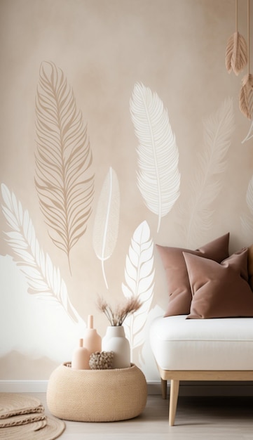 Un divano bianco con piume sul muro