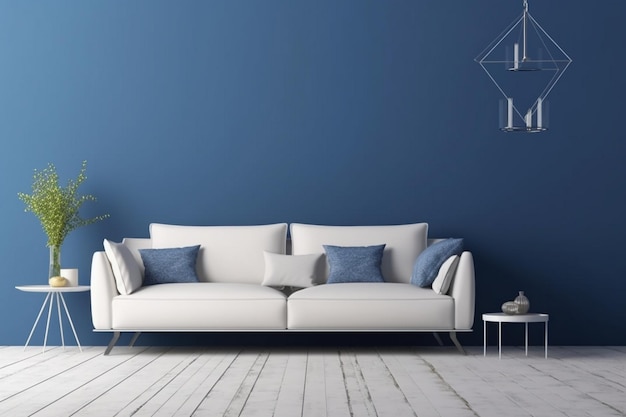 Un divano bianco in un soggiorno blu con un tavolo e una lampada bianchi.