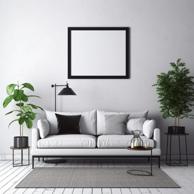 Un divano bianco seduto in un salotto accanto a un ai generativo di piante