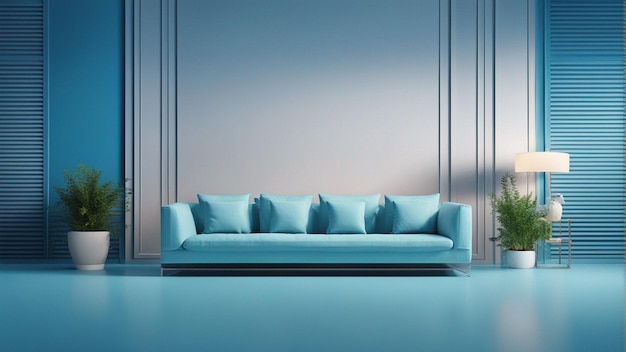 Un divano blu cielo iper realistico con sfondo azzurro 8k