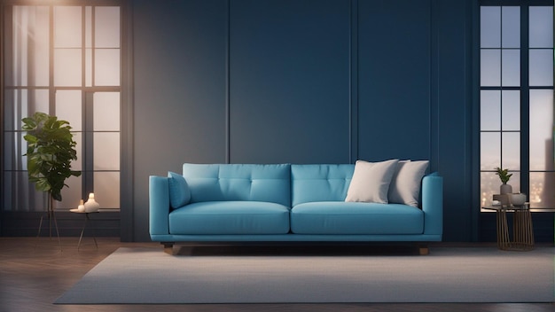 Un divano blu cielo iper realistico con sfondo azzurro 8k
