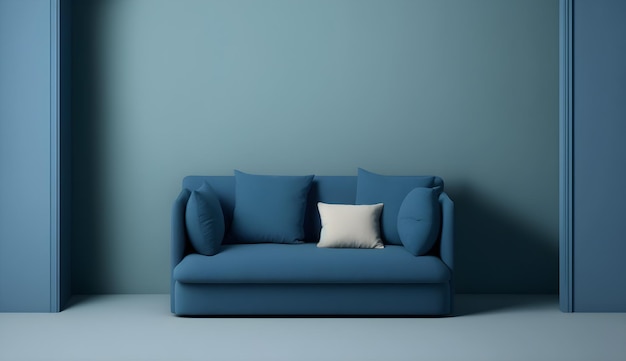 Un divano blu in una stanza con sopra un cuscino bianco.
