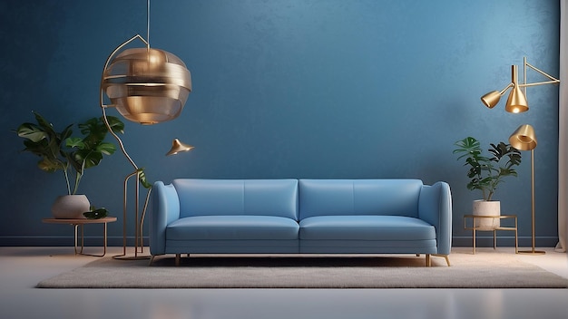 Un divano blu si siede di fronte a un muro blu C'è una pianta a destra del divano e una lampada per