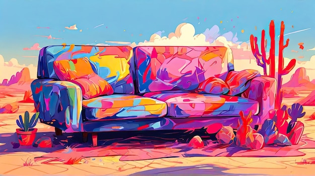 un divano colorato con un disegno colorato su di esso e un dipinto di un divano colore