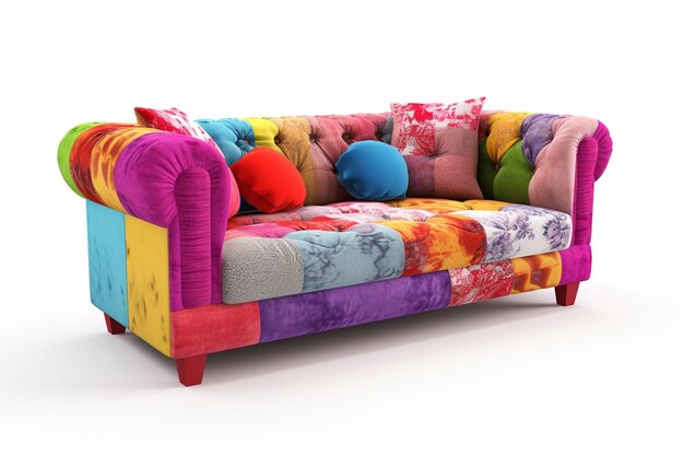 Un divano colorato con una fodera colorata e un cuscino sopra.